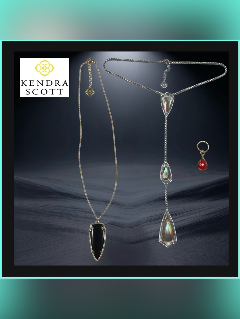 Kendra Scott Bundle: 2 Necklaces, Accent Charm, 2 Pouches & Brass T-Bar Stand